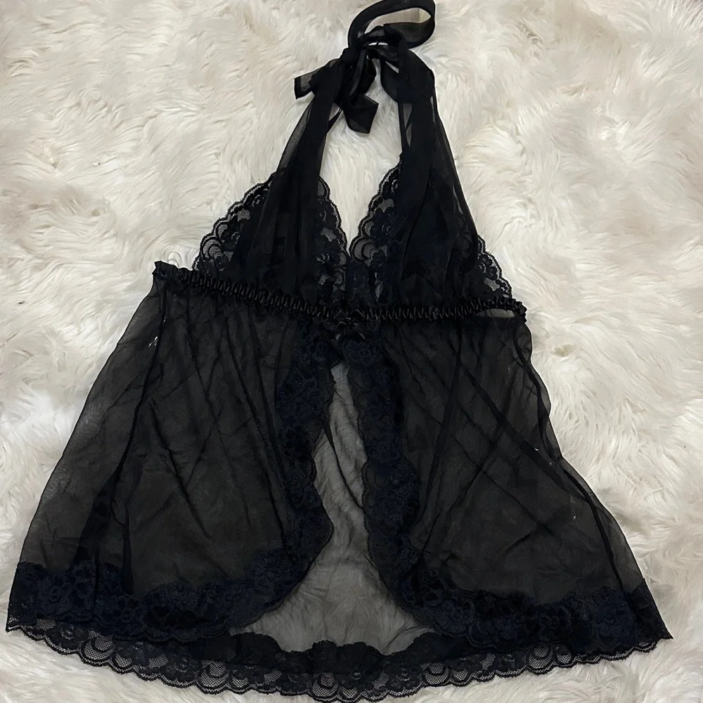 Vintage Y2K Frederick's of Hollywood Black Lace Halter Chemise